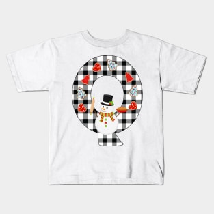 BW Buffalo Checks Pattern Monogram Q | Snowman Kids T-Shirt